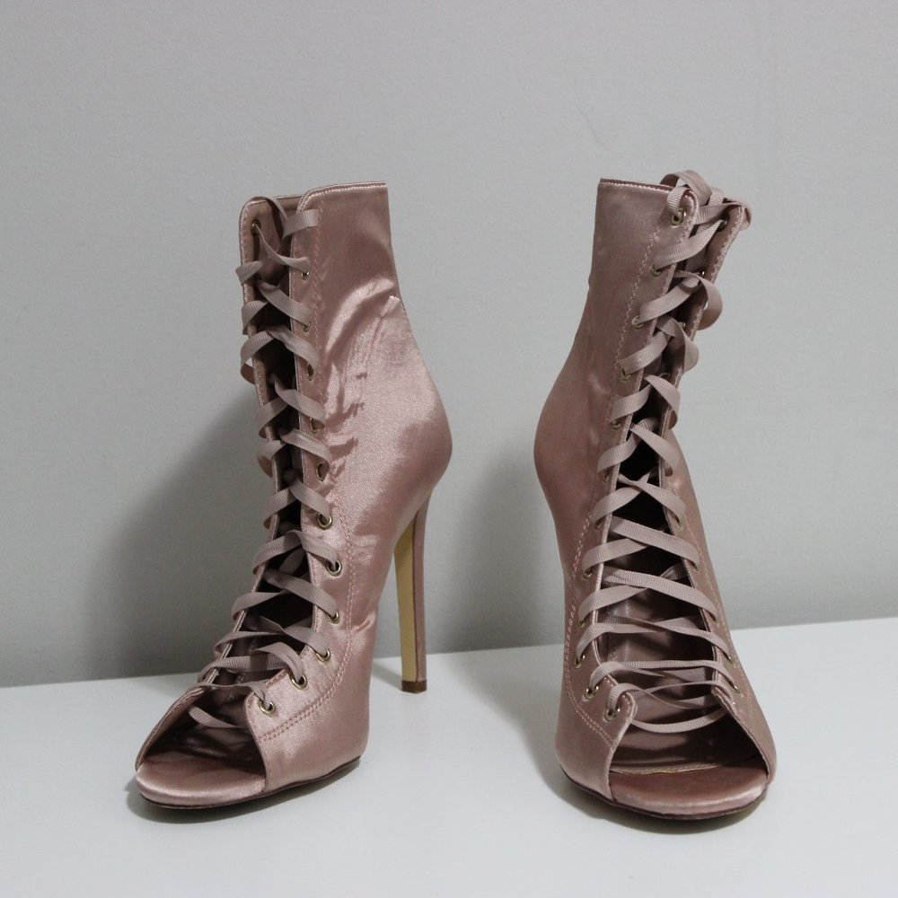 Liliana Pink Lace Up Open Toed Gladiator Heels